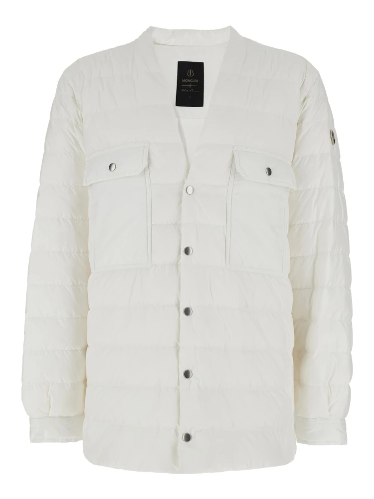 White Down Jacket with Logo Patch on the Sleeve and Snap Buttons in Tech Fabric Man
