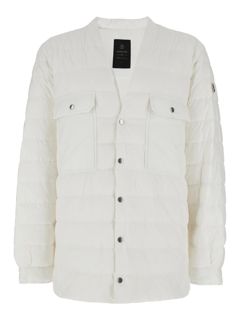 White Down Jacket with Logo Patch on the Sleeve and Snap Buttons in Tech Fabric Man