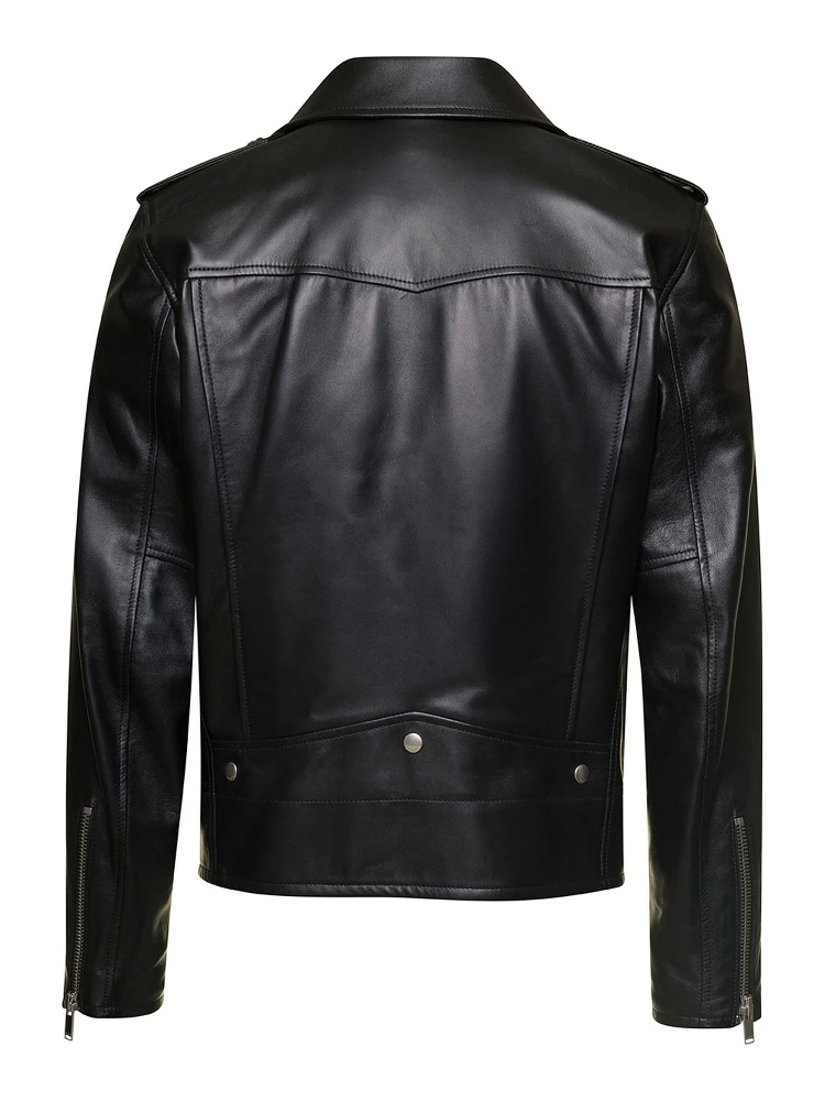 Black Biker Jacket with Zipped Pockets in Smooth Leather Man alternative