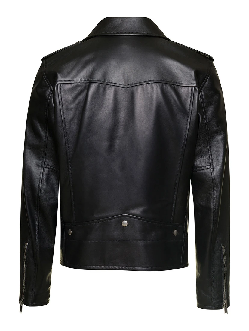 Black Biker Jacket with Zipped Pockets in Smooth Leather Man