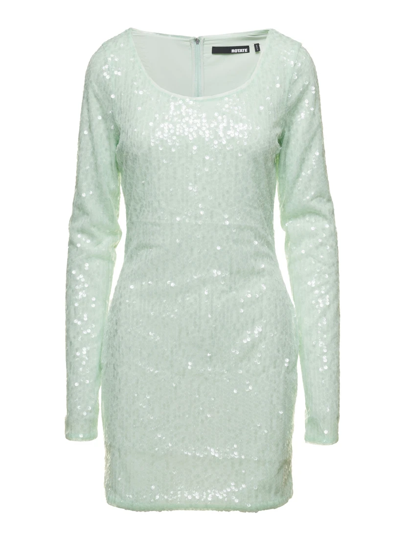 Mini Green Dress with All-Over Sequins in Recycled Fabric Woman