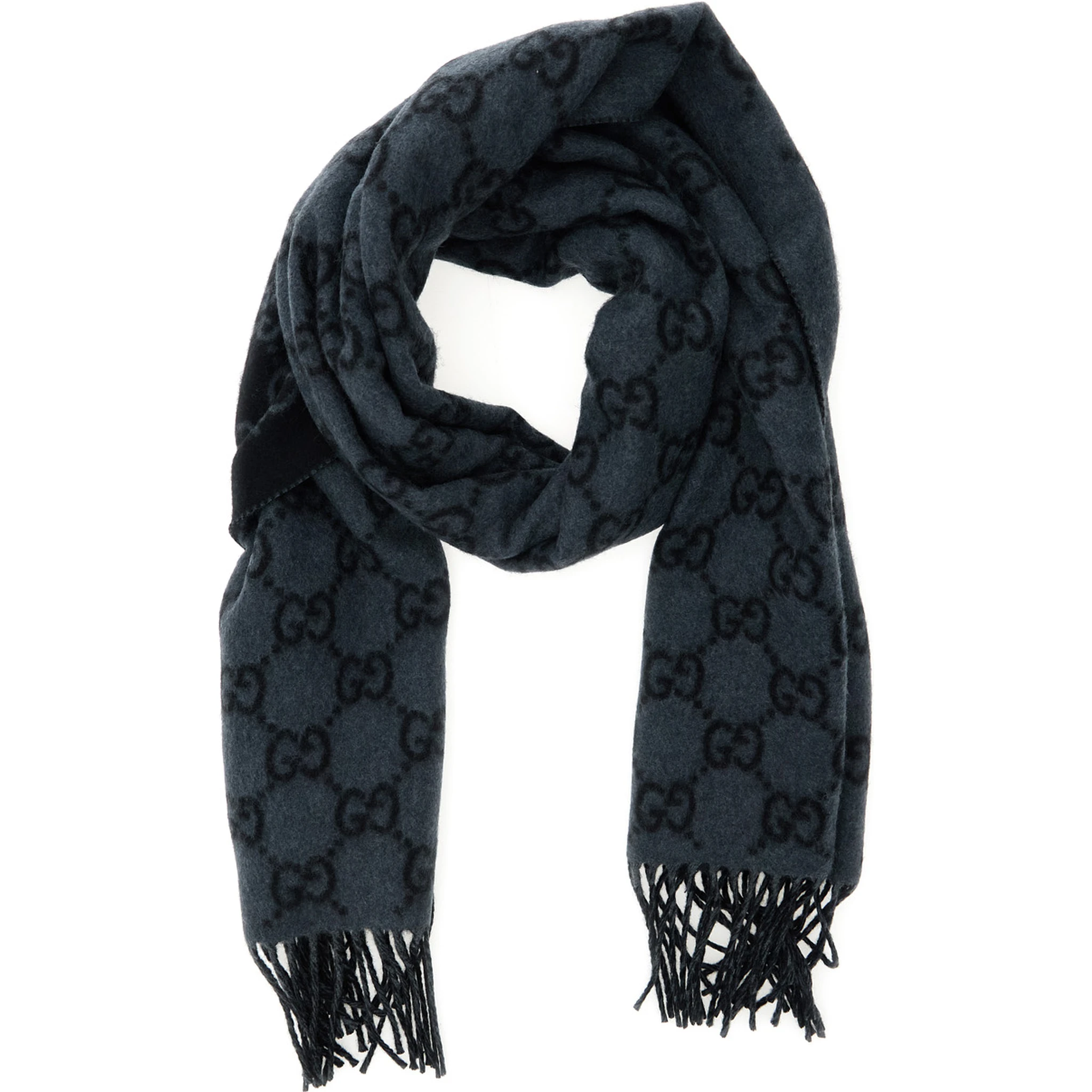 Grey Scarf with Fringed Hem and GG Motif Jacquard in Cashmere Man