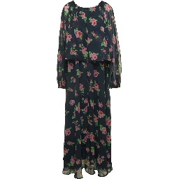 Maxi Multicolor Dress with All-Over Roses Print in Chiffon Woman