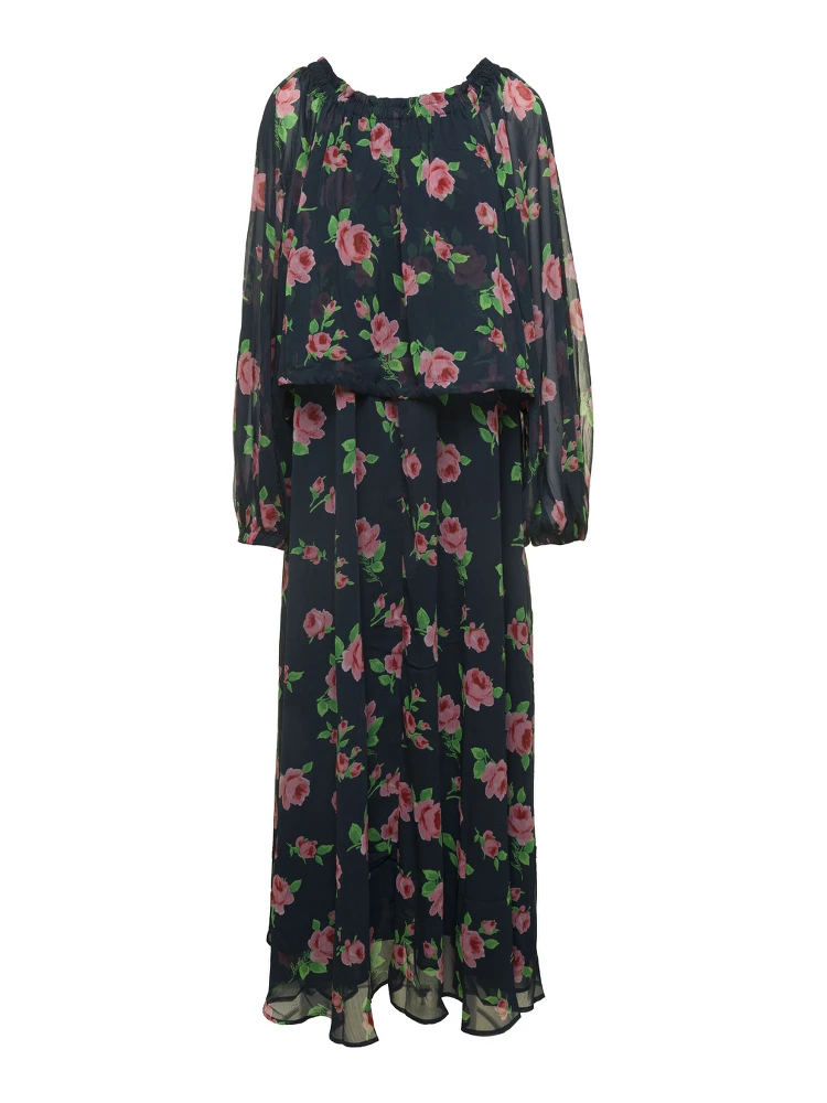 Maxi Multicolor Dress with All-Over Roses Print in Chiffon Woman