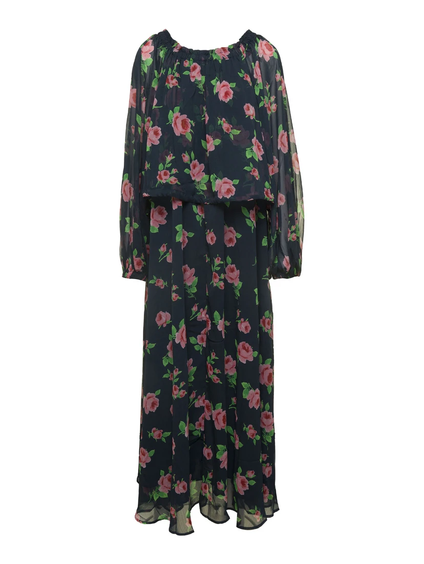 Maxi Multicolor Dress with All-Over Roses Print in Chiffon Woman