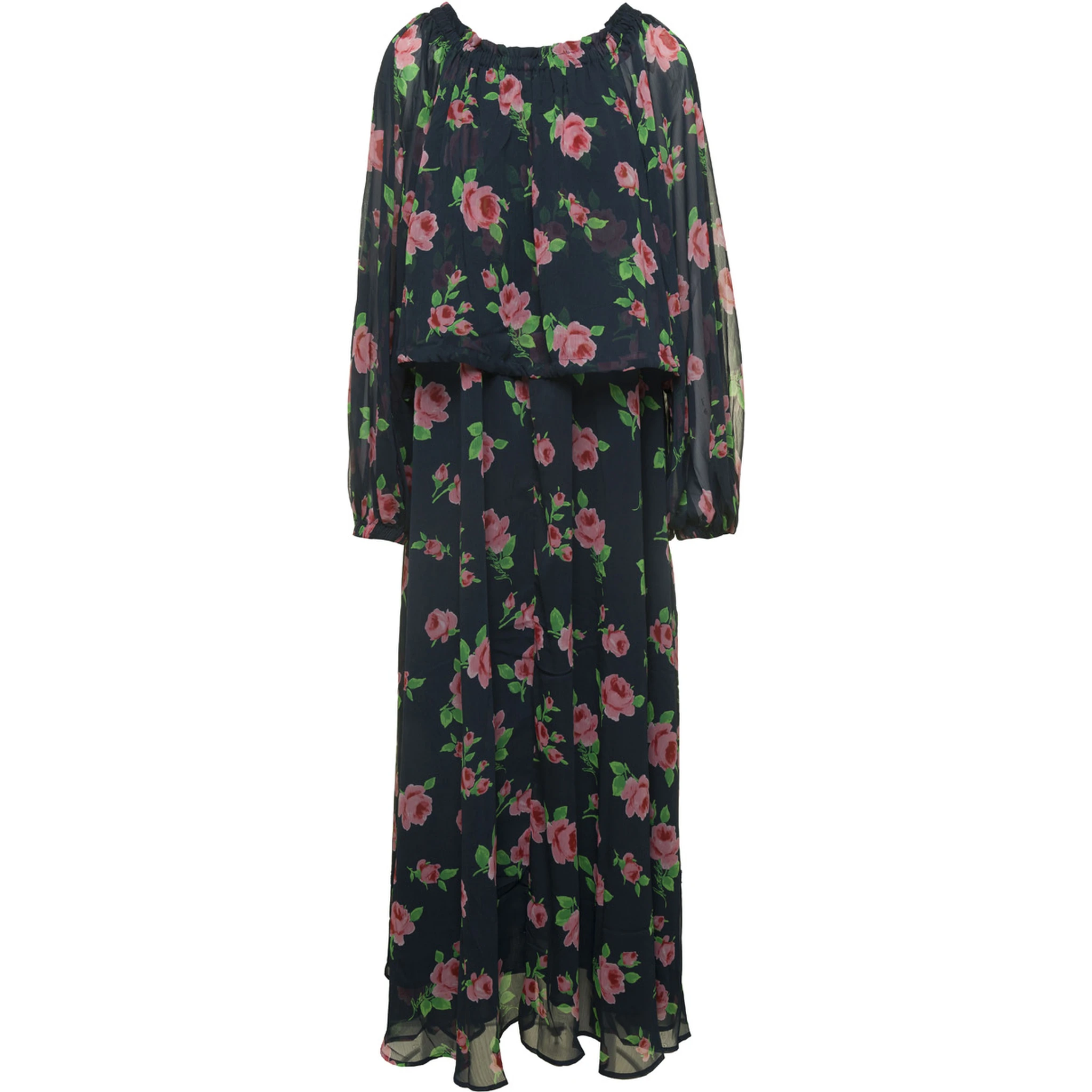 Maxi Multicolor Dress with All-Over Roses Print in Chiffon Woman