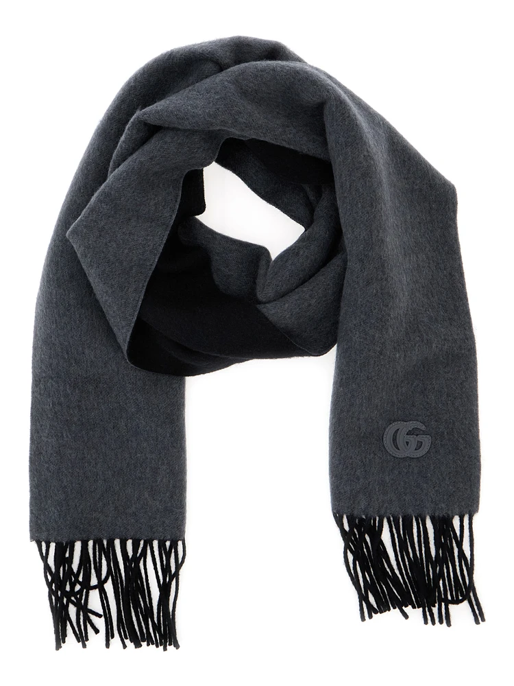 Grey Scarf with GG Patch on the Front and Fringed Hem in Cashmere Man alternative