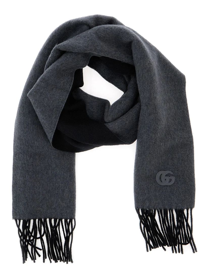 Grey Scarf with GG Patch on the Front and Fringed Hem in Cashmere Man