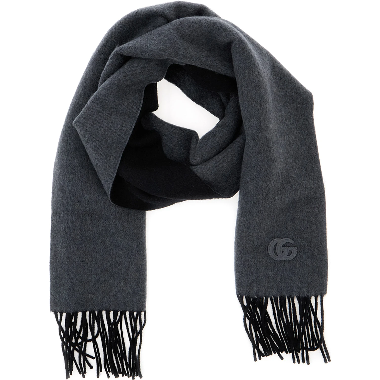 Grey Scarf with GG Patch on the Front and Fringed Hem in Cashmere Man