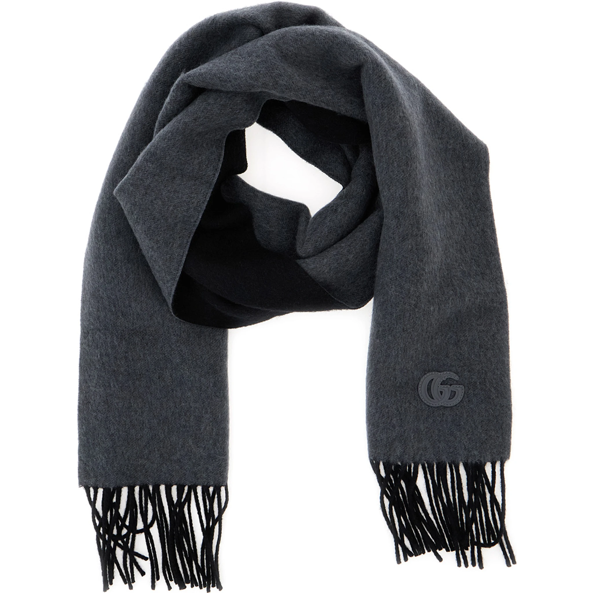 Grey Scarf with GG Patch on the Front and Fringed Hem in Cashmere Man