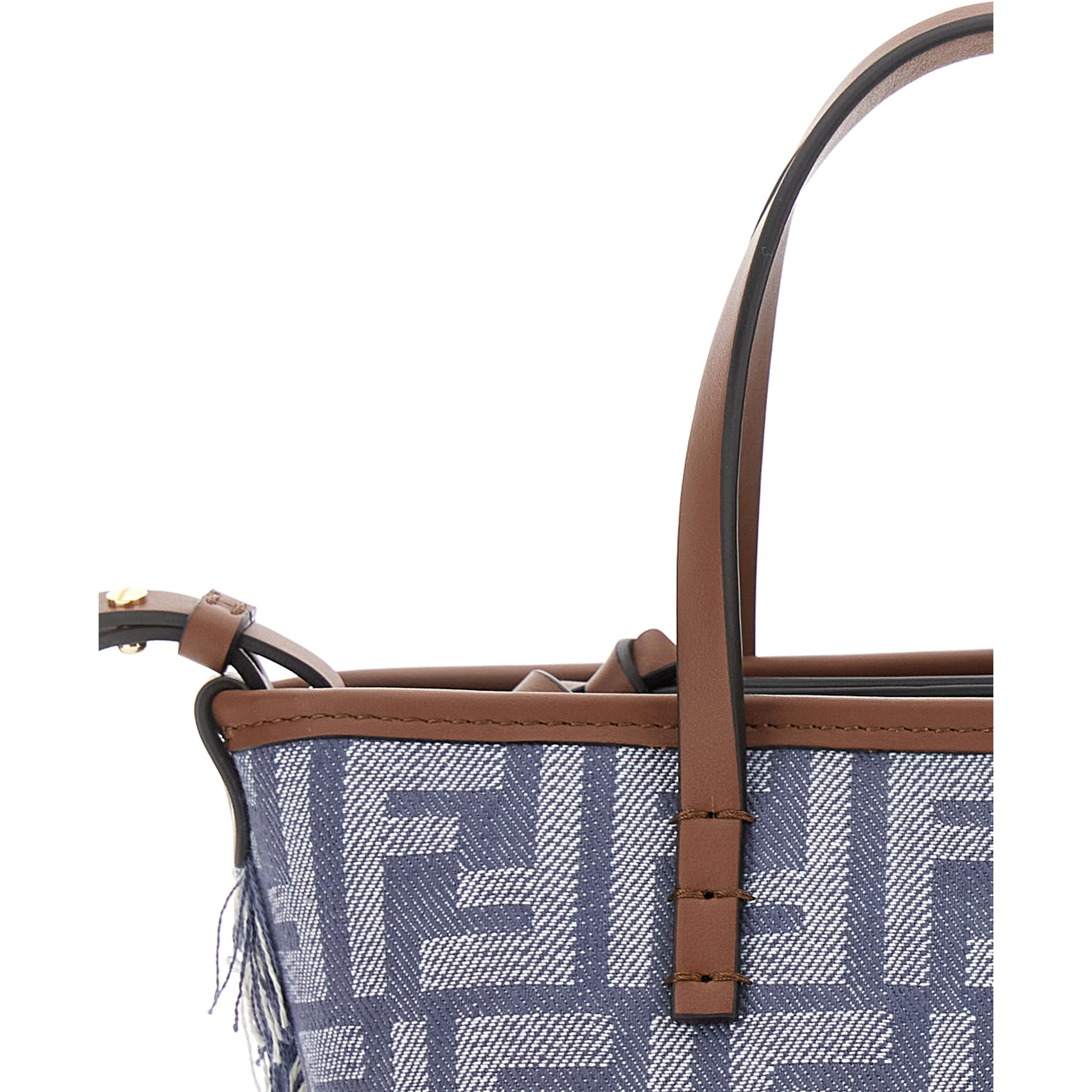 Roll Blue Mini Bag with Adjustable and Removable Shoulder Strap and Fringed Details in FF Canvas Woman