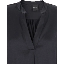 Black Blouse with V Neck and Buttoned Cuffs in Silk Woman