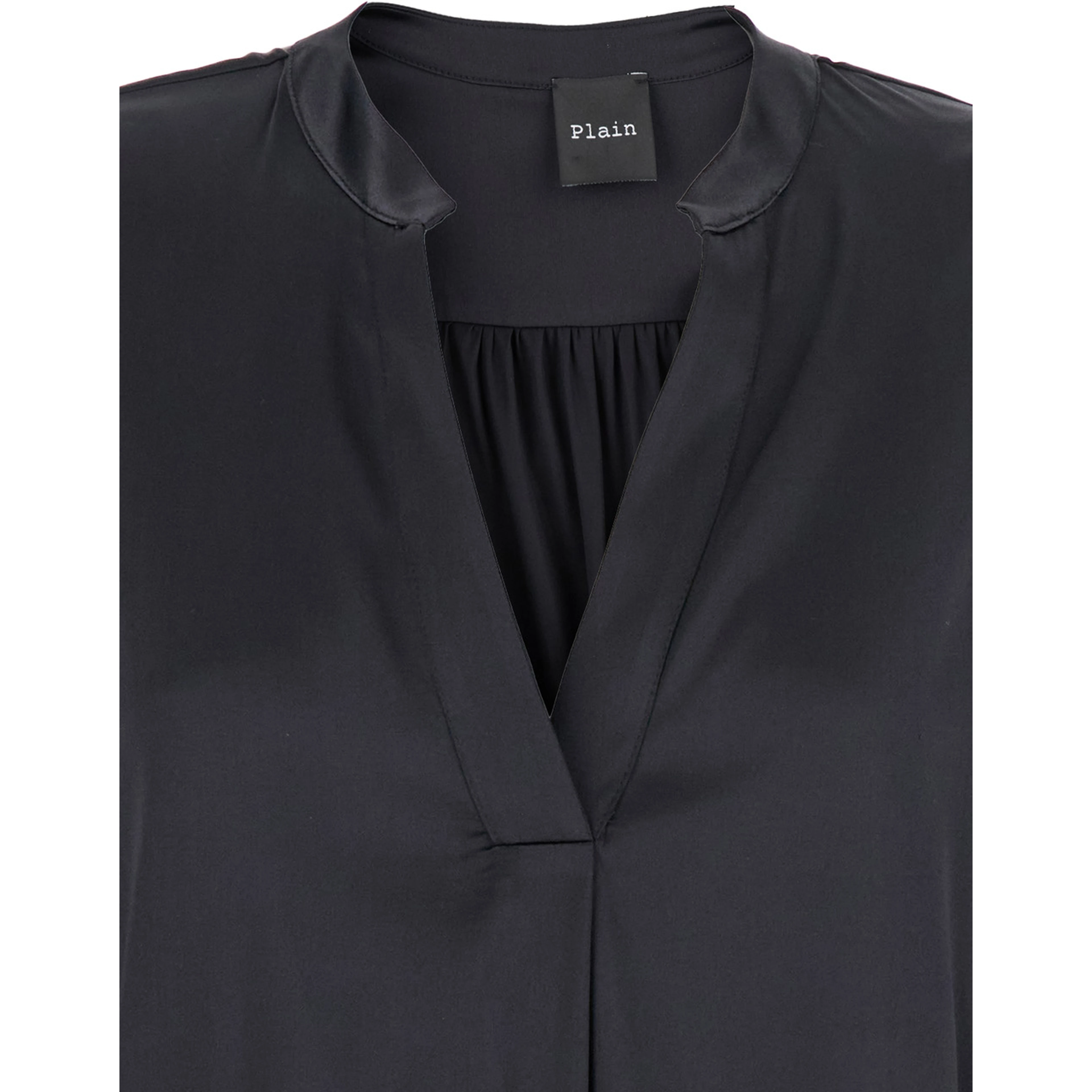 Black Blouse with V Neck and Buttoned Cuffs in Silk Woman