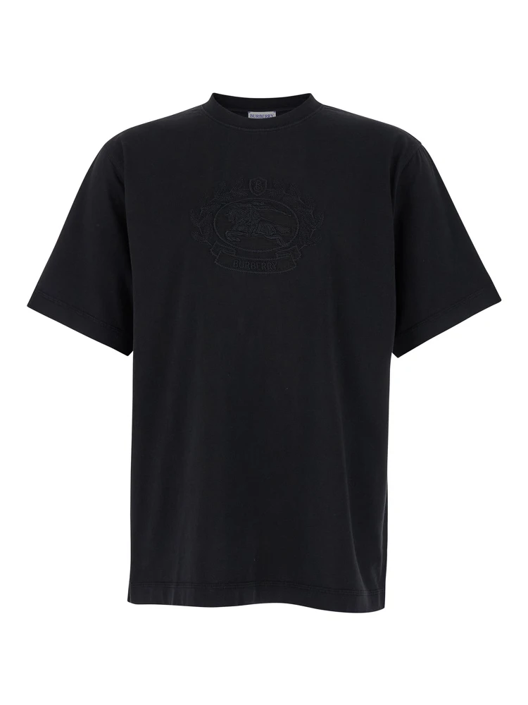 Black Boxy T-Shiirt with Tonal Equestrian Knight Embroidery in Cotton Man
