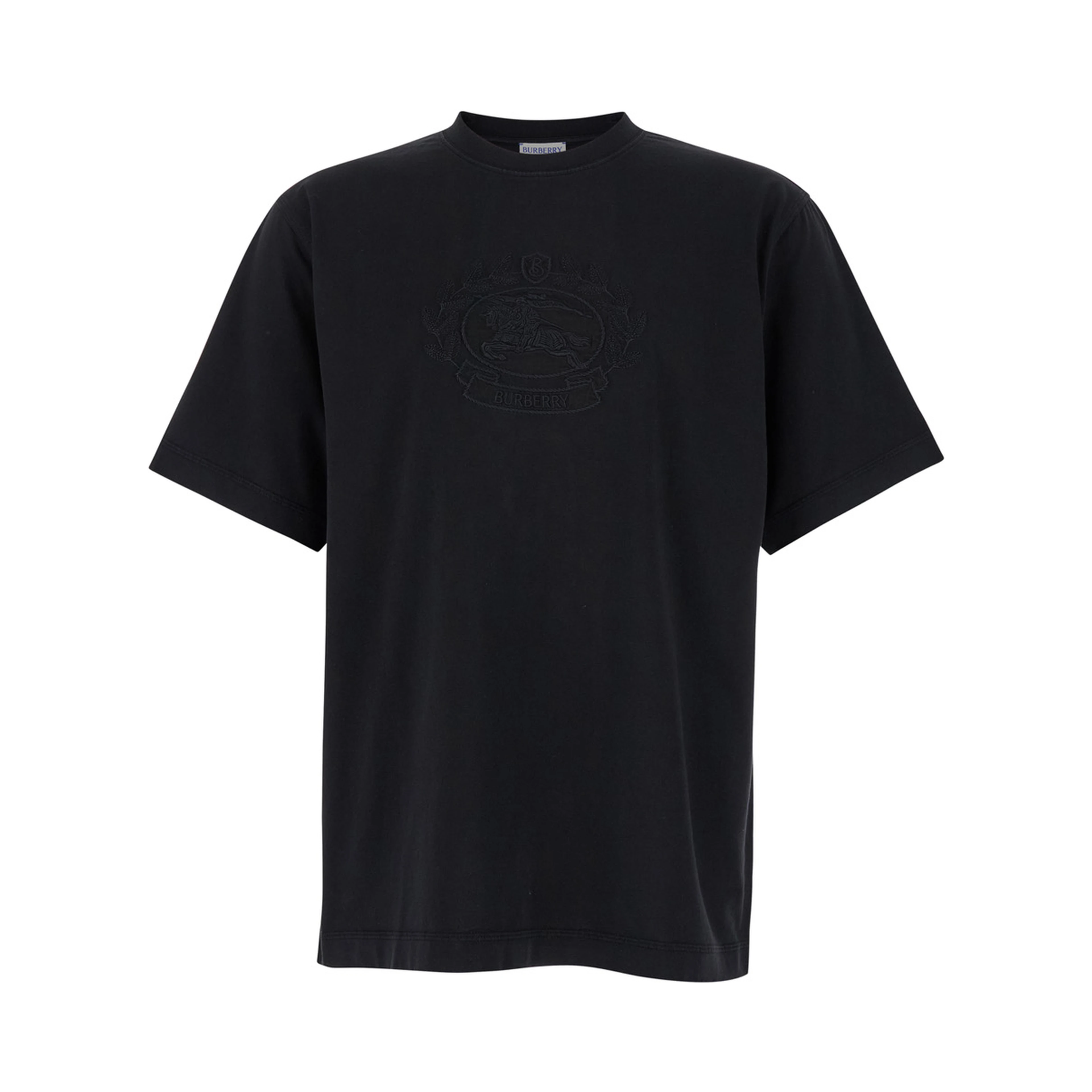 Black Boxy T-Shiirt with Tonal Equestrian Knight Embroidery in Cotton Man