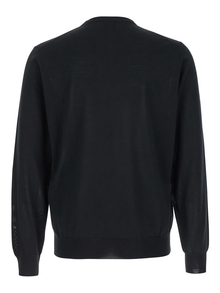 Black Crewneck Sweater with Ribbed Trims in Wool Man alternative