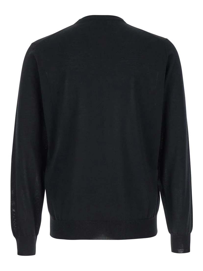 Black Crewneck Sweater with Ribbed Trims in Wool Man
