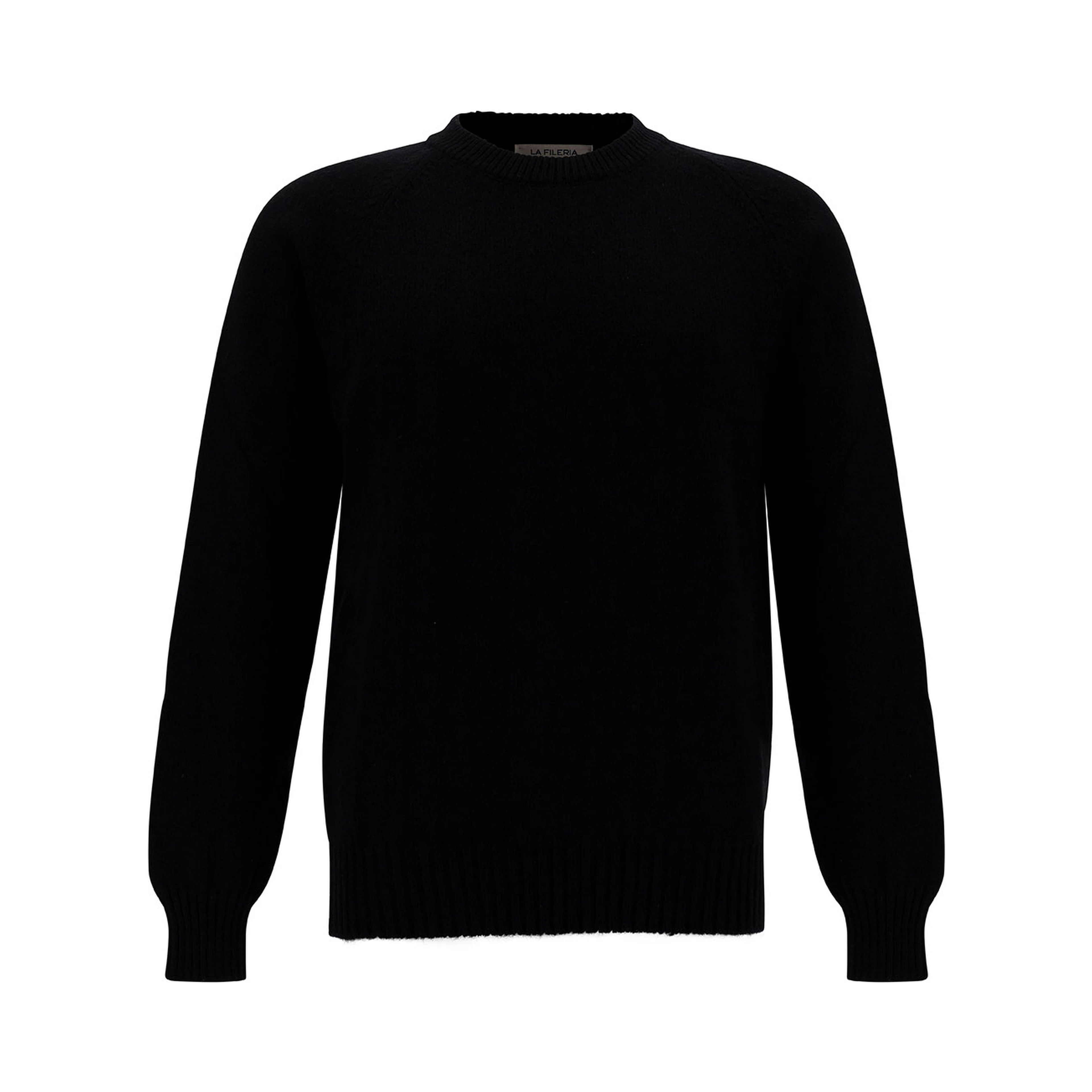 Black Crewneck Sweater with Ribbed Trims in Cashmere and Wool Man