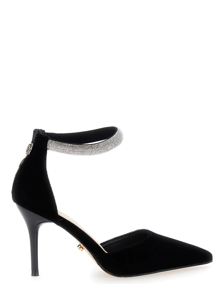 Black Pumps with Jewel Strap and Stiletto Heel in Velvet Woman