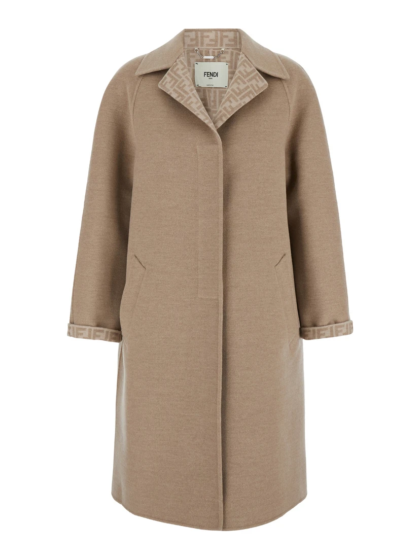 Beige Single-Breasted Reversible Coat in Wool Blend Woman