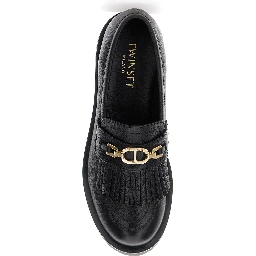 Black Loafers with Platform and Metallic Logo in Leather Woman