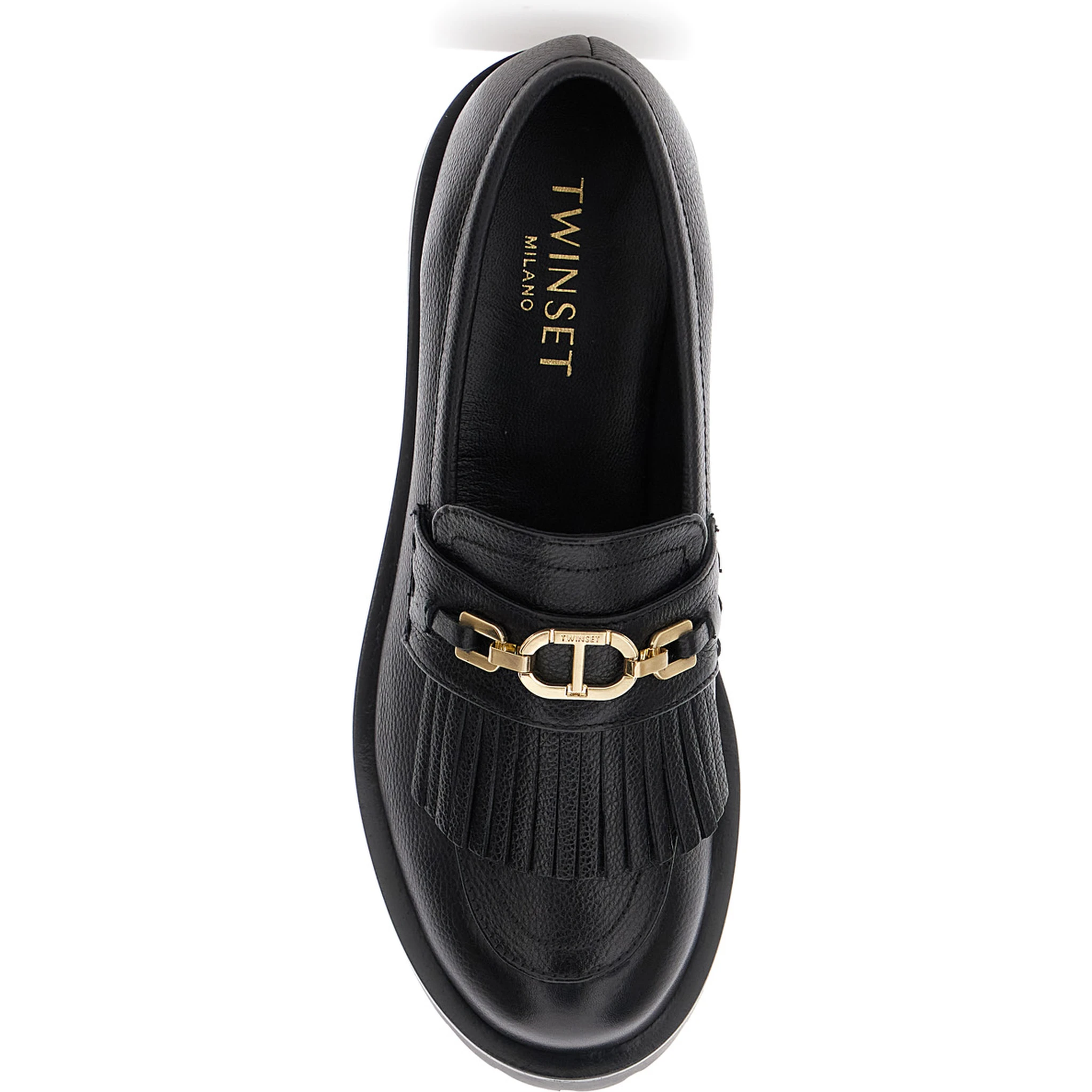 Black Loafers with Platform and Metallic Logo in Leather Woman