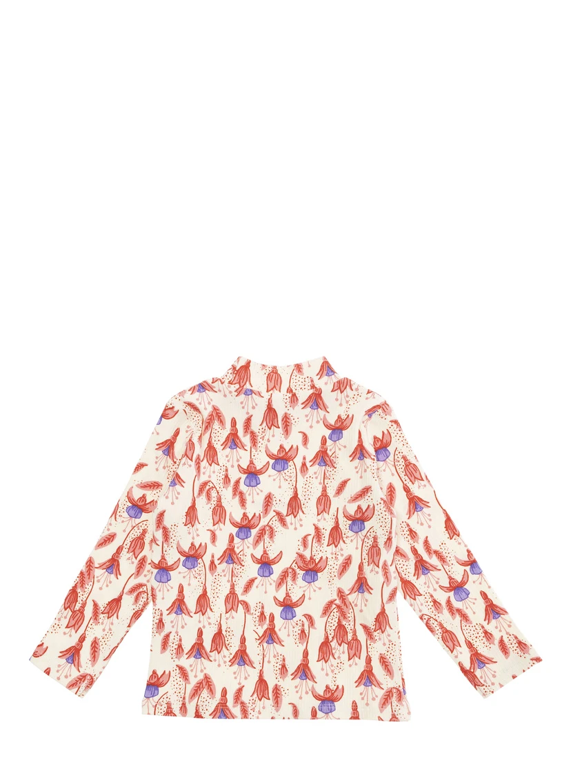 Red T-Shirt with High Neck and All-Over Floral Motif in Cotton Stretch Girl