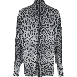 Grey Shirt with Leopard Print All-Over and Logo Lettering in Silk Man