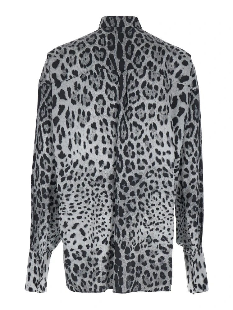 Grey Shirt with Leopard Print All-Over and Logo Lettering in Silk Man alternative