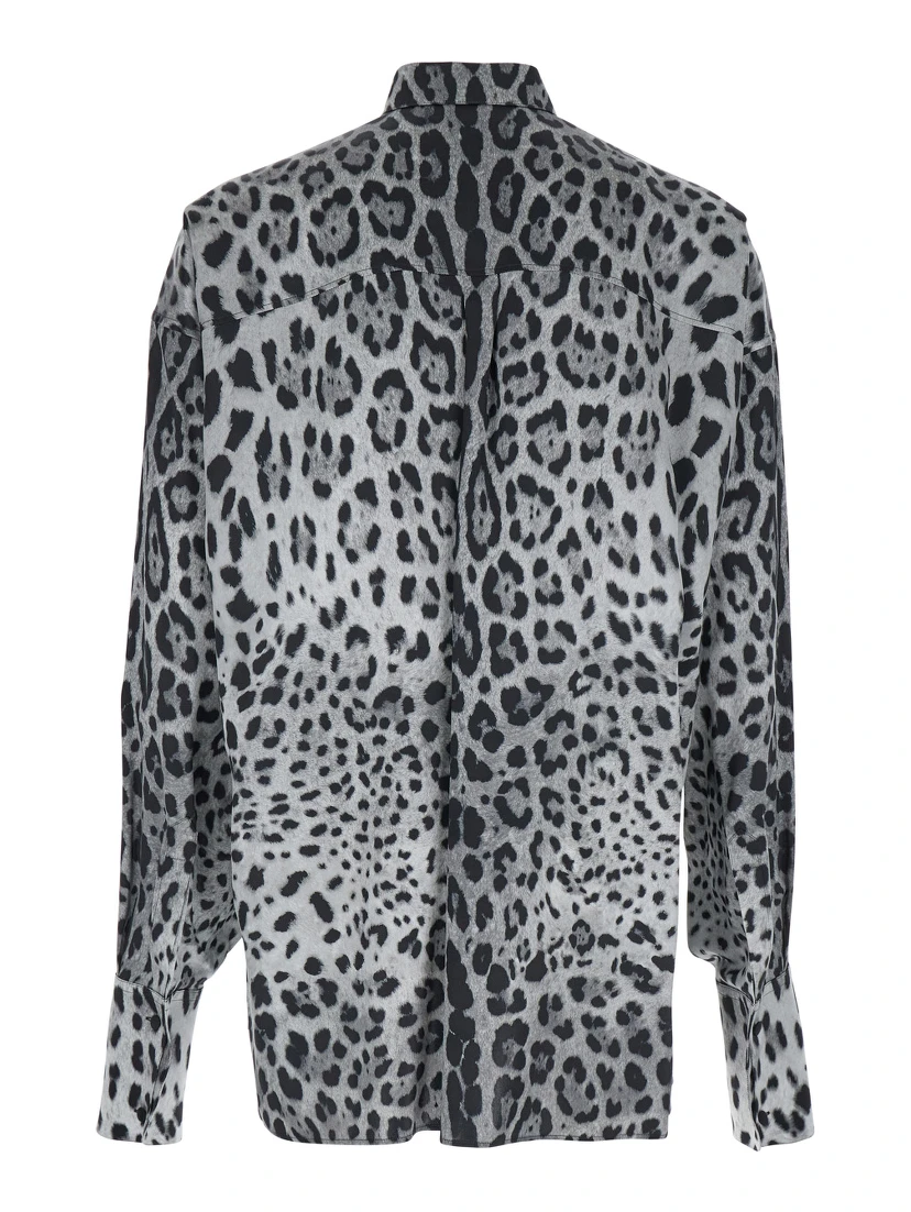 Grey Shirt with Leopard Print All-Over and Logo Lettering in Silk Man
