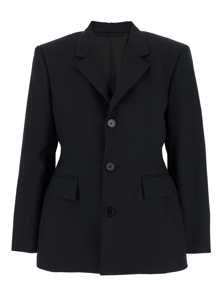 Hourglass Black Single-Breasted Jacket with Notched Revers in Wool Woman