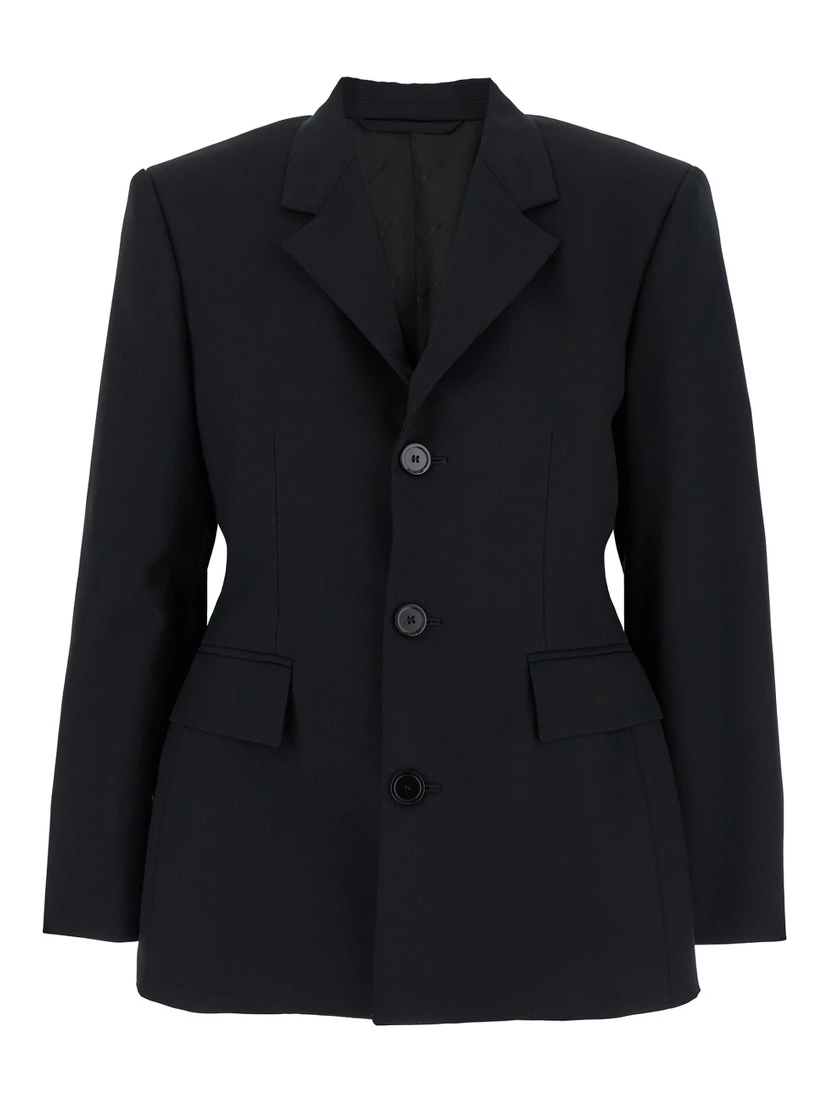 Hourglass Black Single-Breasted Jacket with Notched Revers in Wool Woman