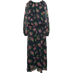 Maxi Multicolor Dress with All-Over Roses Print in Chiffon Woman