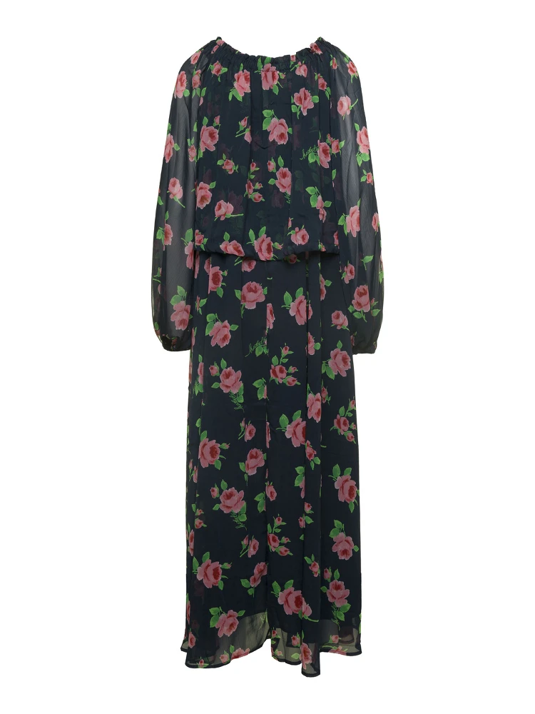 Maxi Multicolor Dress with All-Over Roses Print in Chiffon Woman alternative