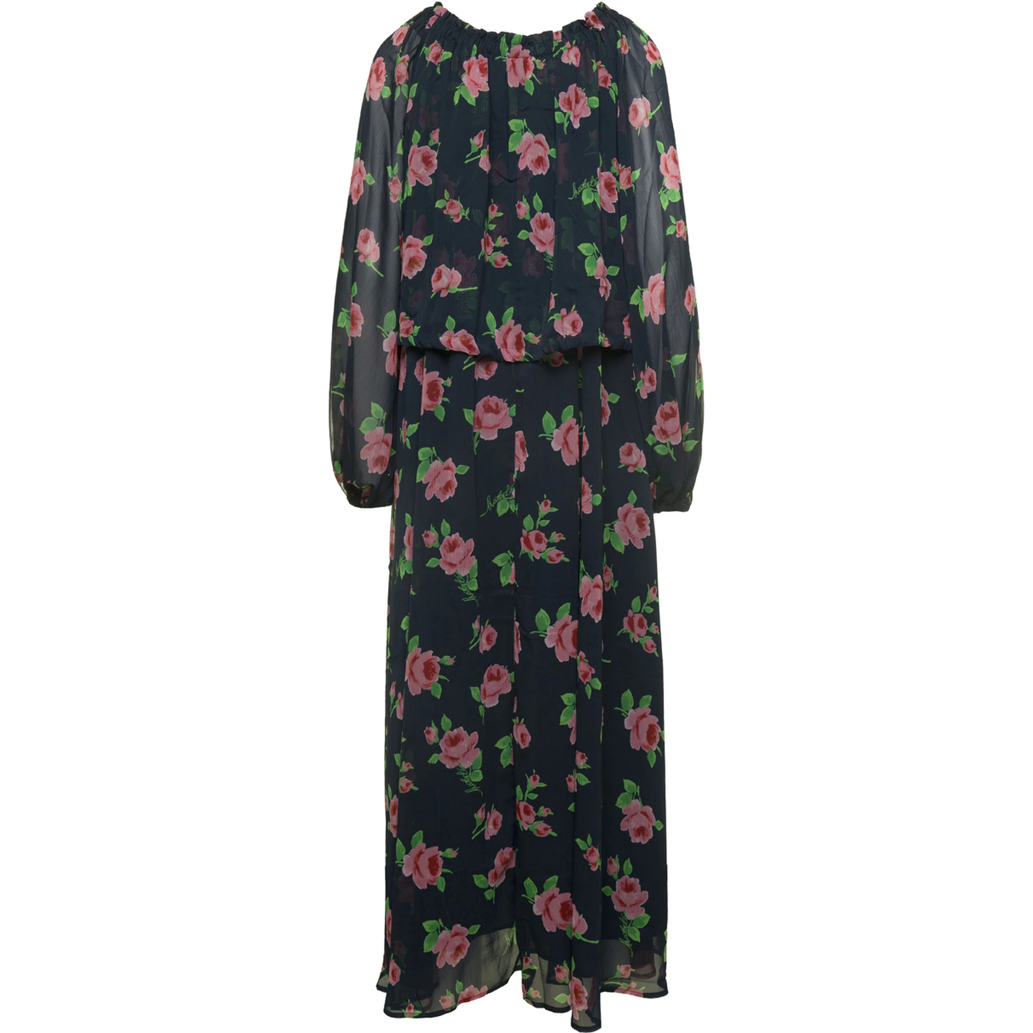 Maxi Multicolor Dress with All-Over Roses Print in Chiffon Woman