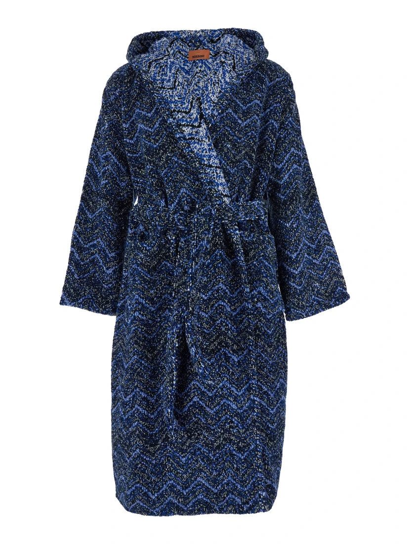 Azul Blue Bathrobe with Zig Zag Motif in Cotton