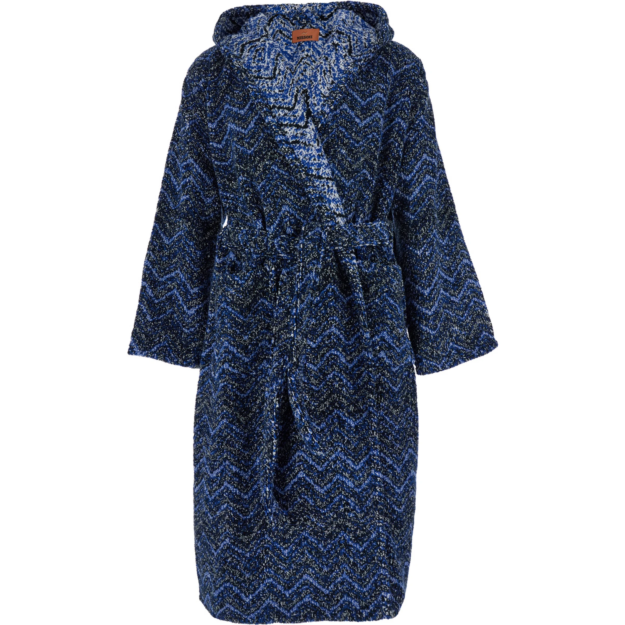 Azul Blue Bathrobe with Zig Zag Motif in Cotton