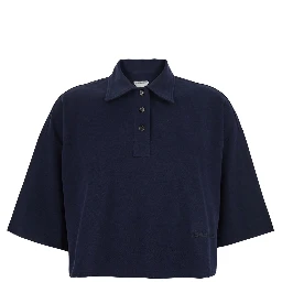 Blue Cropped Polo Shirt with Embroidered Logo in Cotton Piquet Woman