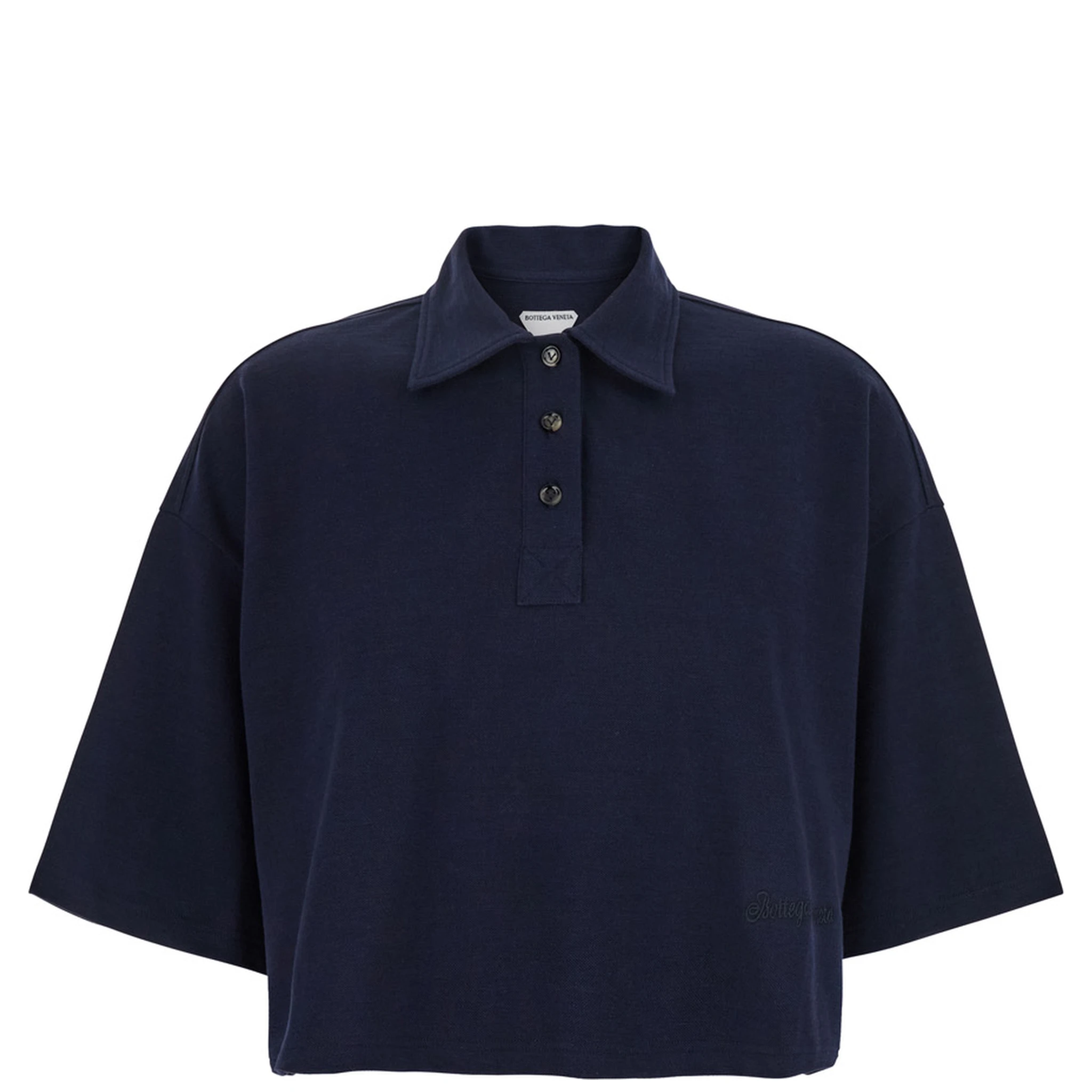 Blue Cropped Polo Shirt with Embroidered Logo in Cotton Piquet Woman