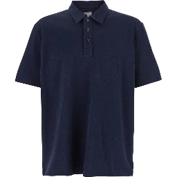 Blue Polo with Classic Collar and Embroidered Logo on the Front in Tone on Tone Cotton Man