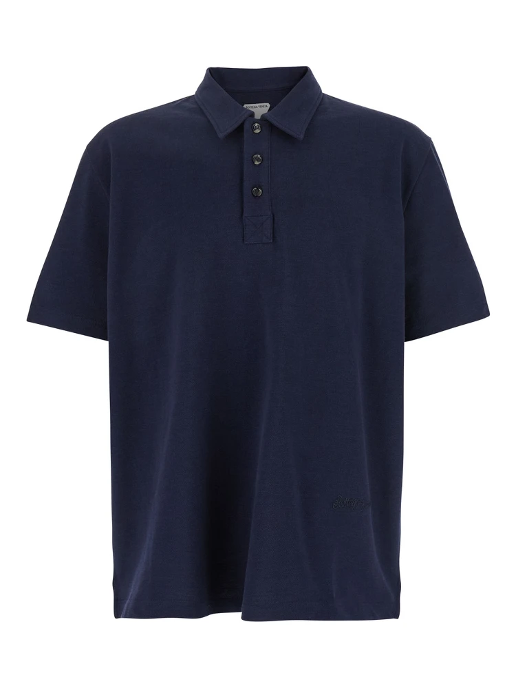 Blue Polo with Classic Collar and Embroidered Logo on the Front in Tone on Tone Cotton Man