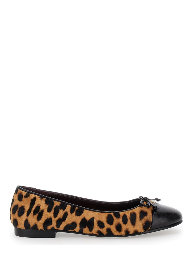 Brown Ballet Shoes with Cap Toe and Leopard Print in Leather Woman