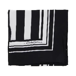 Black and White Square Scarf with Logo Lettering on the Front and All-Over Striped Motif in Silk Man