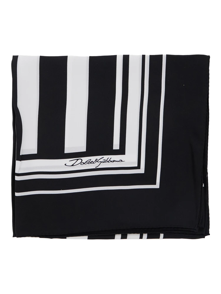 Black and White Square Scarf with Logo Lettering on the Front and All-Over Striped Motif in Silk Man
