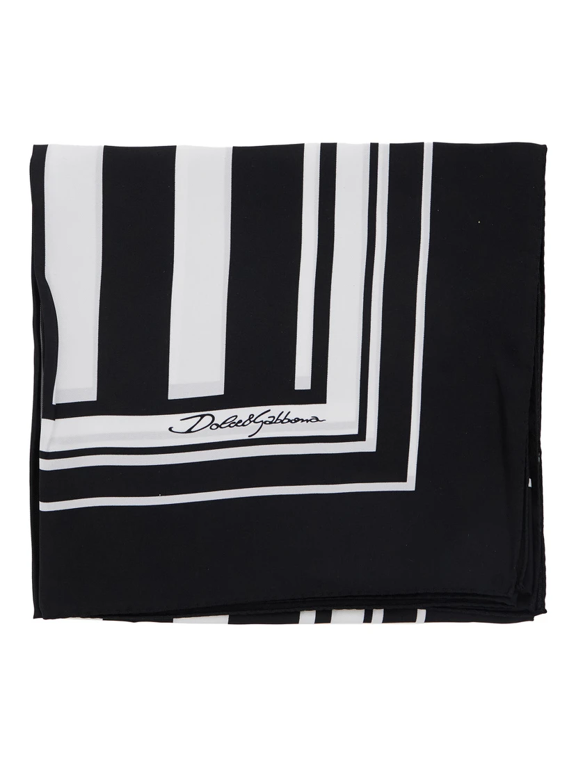 Black and White Square Scarf with Logo Lettering on the Front and All-Over Striped Motif in Silk Man