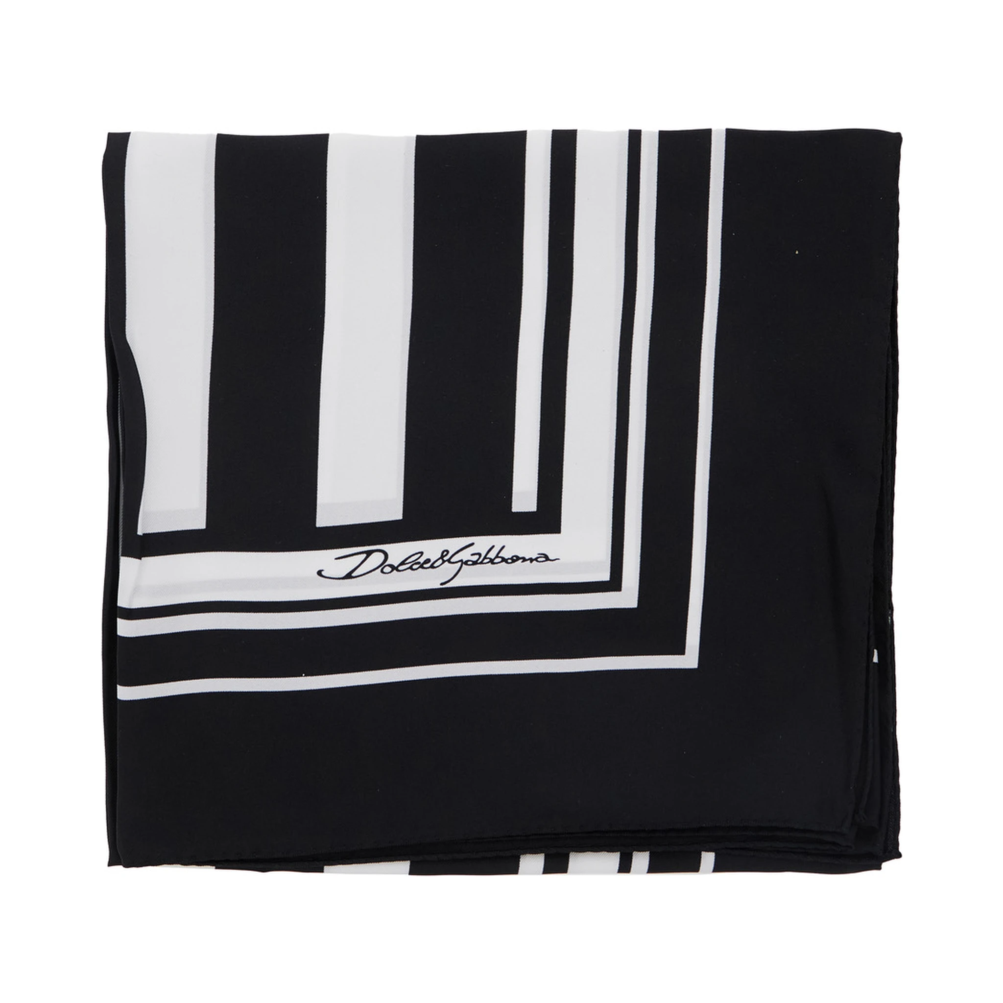 Black and White Square Scarf with Logo Lettering on the Front and All-Over Striped Motif in Silk Man