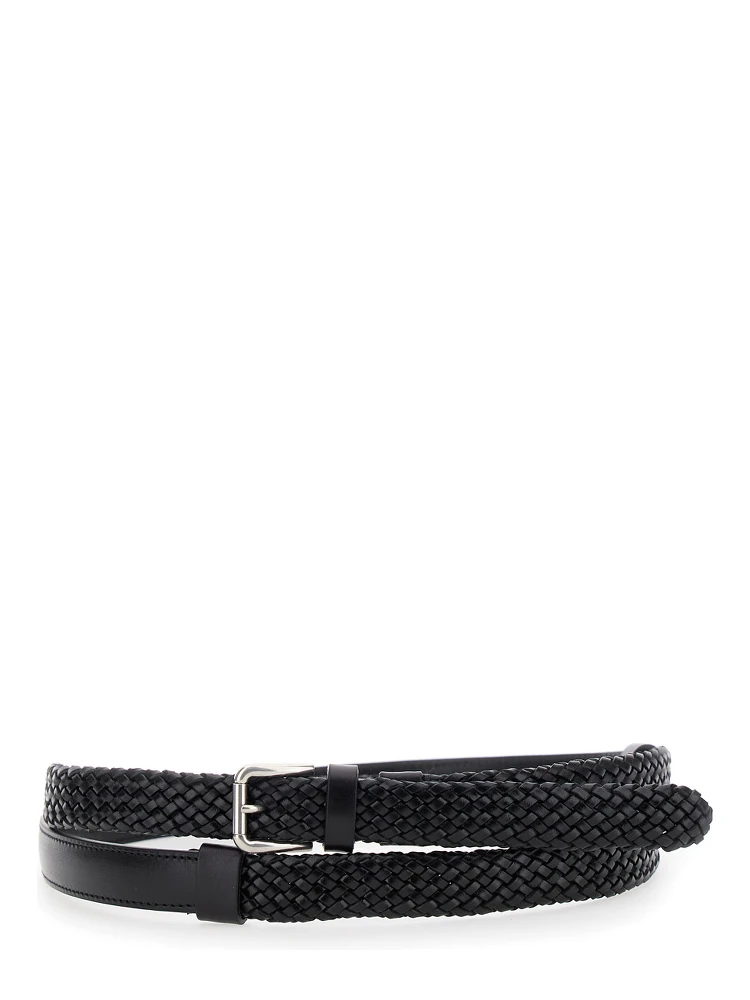 Black Belt with Buckle Closure and Interwoven Design in Leather Man