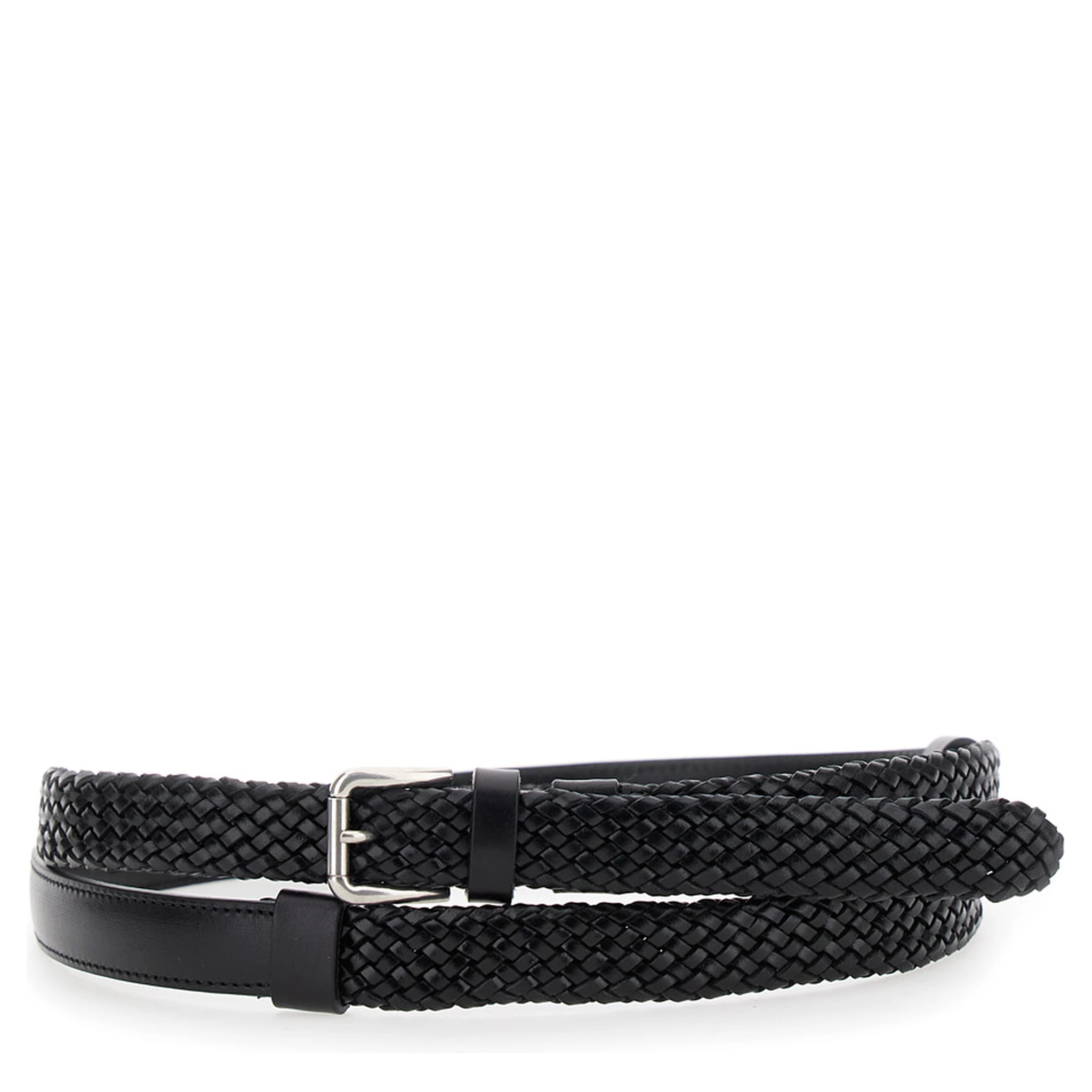 Black Belt with Buckle Closure and Interwoven Design in Leather Man