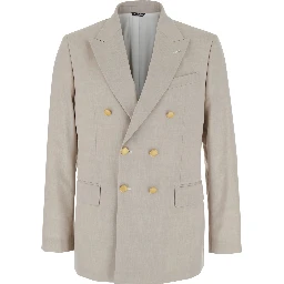 Beige Double Breasted Jacket with Peak Lapels in Virgin Wool and Cotton Blend Woman