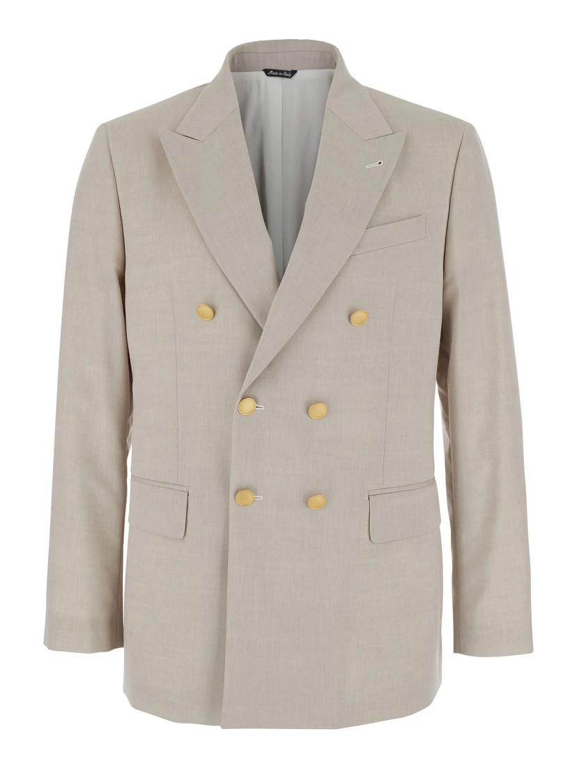 Beige Double Breasted Jacket with Peak Lapels in Virgin Wool and Cotton Blend Woman